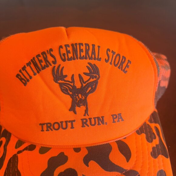 Vintage Bittners General Store Trucker Hat Trout Run Orange Camo Deer Hunting - Picture 2 of 5